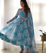 Sky blue color marble printed orgenza silk anarkali set full stitched.