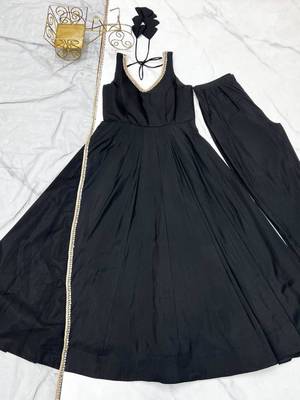 Black color roman silk chanderi solid -mirror lace work anarkali set full stitched 5