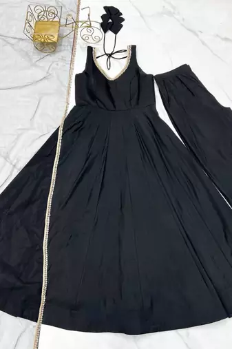 Black color roman silk chanderi solid -mirror lace work anarkali set full stitched.
