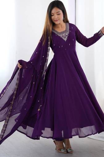 Purple color faux georgette beads & zari embroiderred work anarkali set full stitched.
