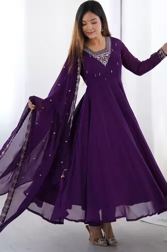 Purple color faux georgette beads & zari embroiderred work anarkali set full stitched.