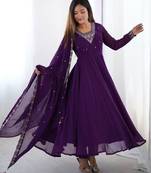 Purple color faux georgette beads & zari embroiderred work anarkali set full stitched.