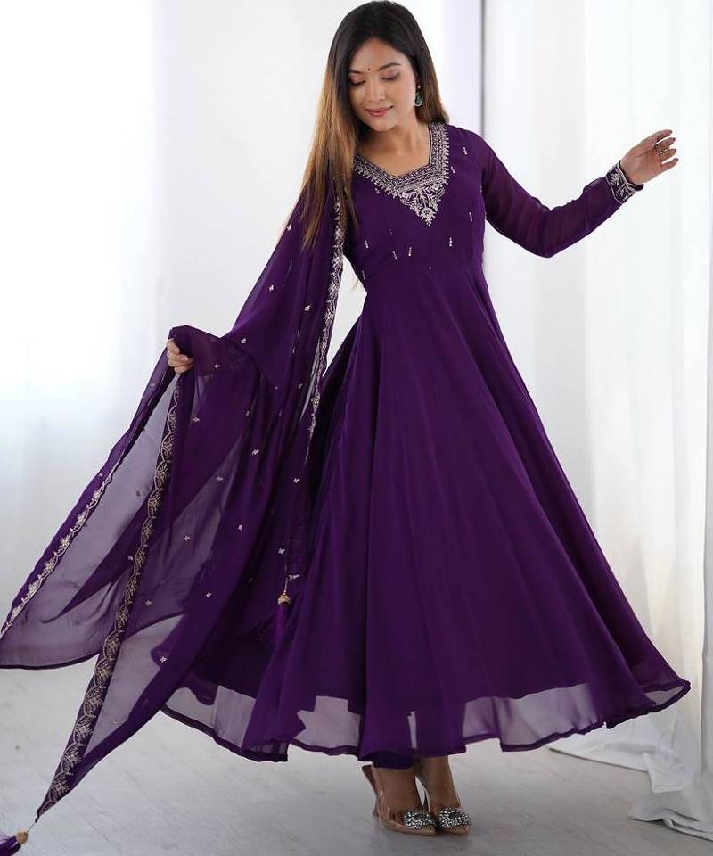 Purple color faux georgette beads & zari embroiderred work anarkali set full stitched.