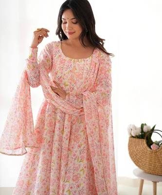 Light pink flower printed orgenza silk anarkali set full stitched 3