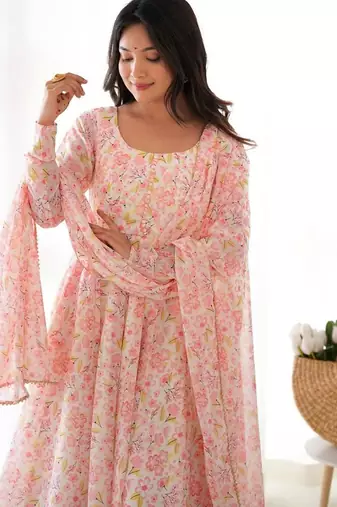 Light pink color flower printed orgenza silk anarkali set full stitched.