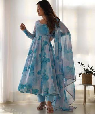 Sky blue marble printed orgenza silk anarkali set full stitched 2