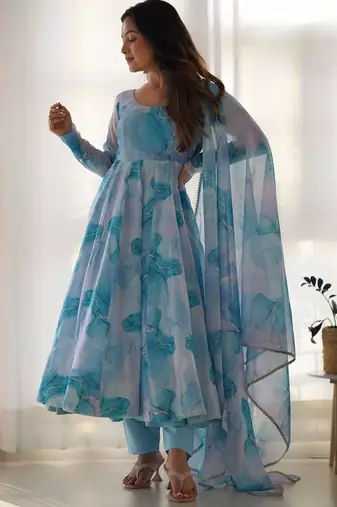 Sky blue color marble printed orgenza silk anarkali set full stitched.