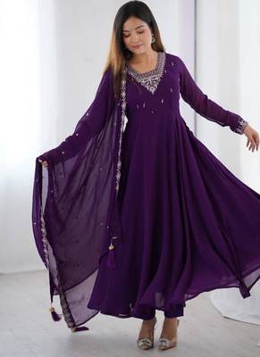 Purple faux georgette beads & zari embroiderred work anarkali set full stitched 2