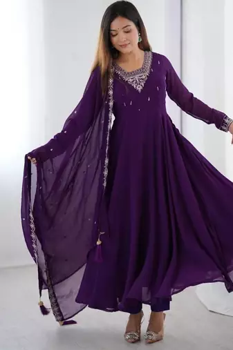 Purple color faux georgette beads & zari embroiderred work anarkali set full stitched.