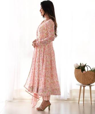 Light pink flower printed orgenza silk anarkali set full stitched 4