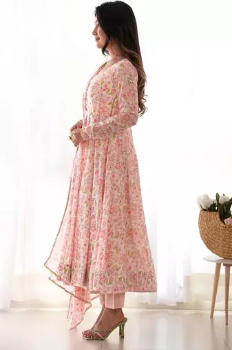 Light pink color flower printed orgenza silk anarkali set full stitched.