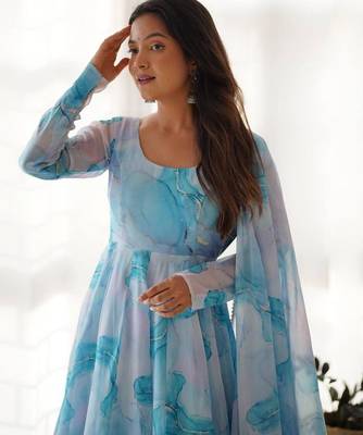 Sky blue marble printed orgenza silk anarkali set full stitched 3