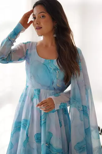 Sky blue color marble printed orgenza silk anarkali set full stitched.