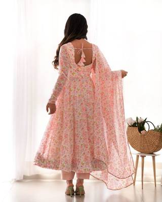 Light pink flower printed orgenza silk anarkali set full stitched 5