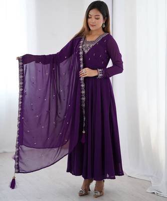 Purple faux georgette beads & zari embroiderred work anarkali set full stitched 4