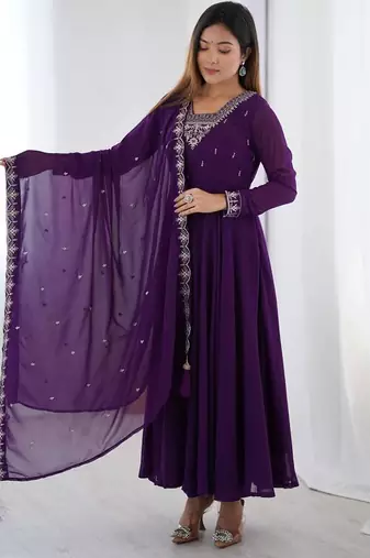 Purple color faux georgette beads & zari embroiderred work anarkali set full stitched.