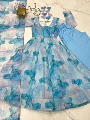 Sky blue marble printed orgenza silk anarkali set full stitched 5