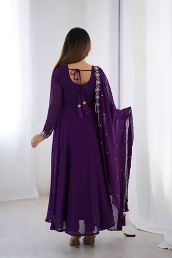 Purple color faux georgette beads & zari embroiderred work anarkali set full stitched.