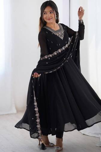 Black color faux georgette beads & zari embroiderred work anarkali set full stitched.