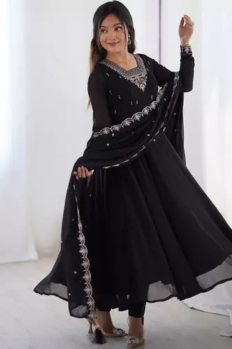 Black color faux georgette beads & zari embroiderred work anarkali set full stitched.