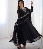Black color faux georgette beads & zari embroiderred work anarkali set full stitched.