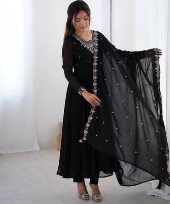 Black color faux georgette beads & zari embroiderred work anarkali set full stitched 2