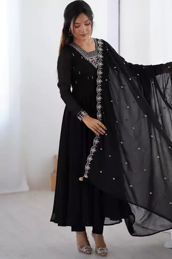 Black color faux georgette beads & zari embroiderred work anarkali set full stitched.