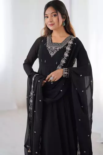 Black color faux georgette beads & zari embroiderred work anarkali set full stitched.