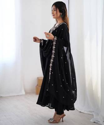 Black color faux georgette beads & zari embroiderred work anarkali set full stitched 4
