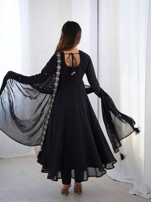 Black color faux georgette beads & zari embroiderred work anarkali set full stitched 5