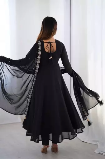 Black color faux georgette beads & zari embroiderred work anarkali set full stitched.