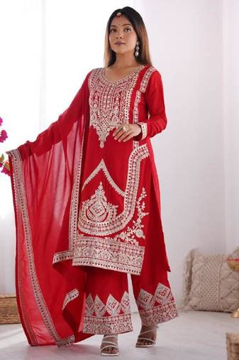 Red color vichitra silk dori sequeince embroidered anarkali set full stitched.