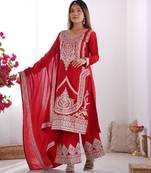 Red color vichitra silk dori sequeince embroidered anarkali set full stitched.