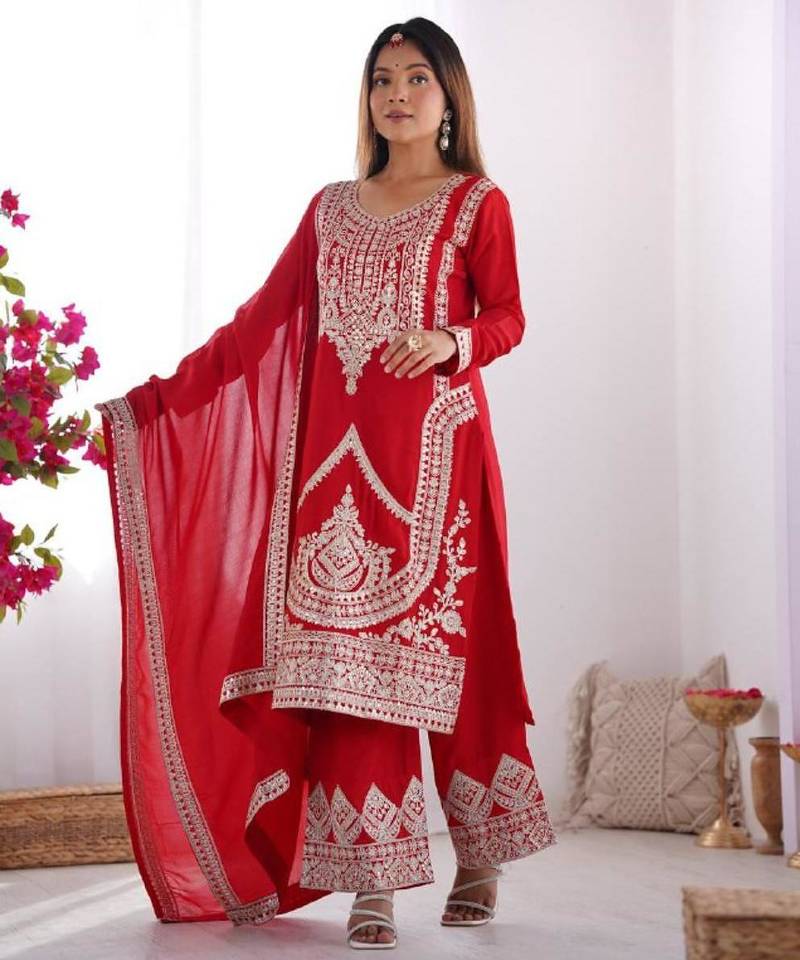 Red color vichitra silk dori sequeince embroidered anarkali set full stitched.