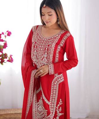 Red vichitra silk dori sequeince embroidered anarkali set full stitched 2
