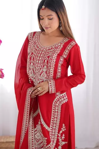 Red color vichitra silk dori sequeince embroidered anarkali set full stitched.