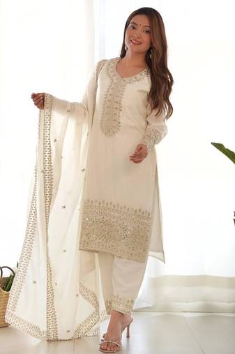 White color chinnon silk zari sequeince embroidered anarkali set full stitched.