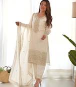 White color chinnon silk zari sequeince embroidered anarkali set full stitched.