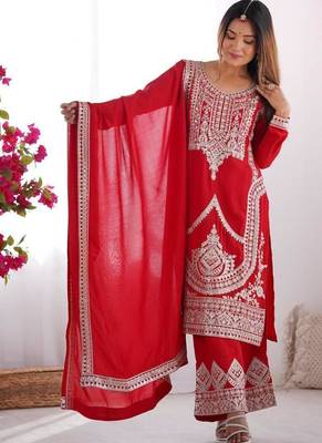 Red vichitra silk dori sequeince embroidered anarkali set full stitched 3