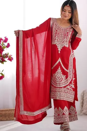 Red color vichitra silk dori sequeince embroidered anarkali set full stitched.