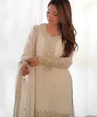 White chinnon silk zari sequeince embroidered anarkali set full stitched 2