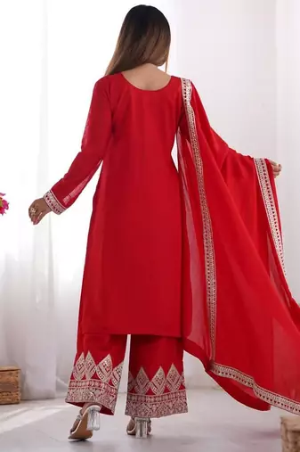 Red color vichitra silk dori sequeince embroidered anarkali set full stitched.