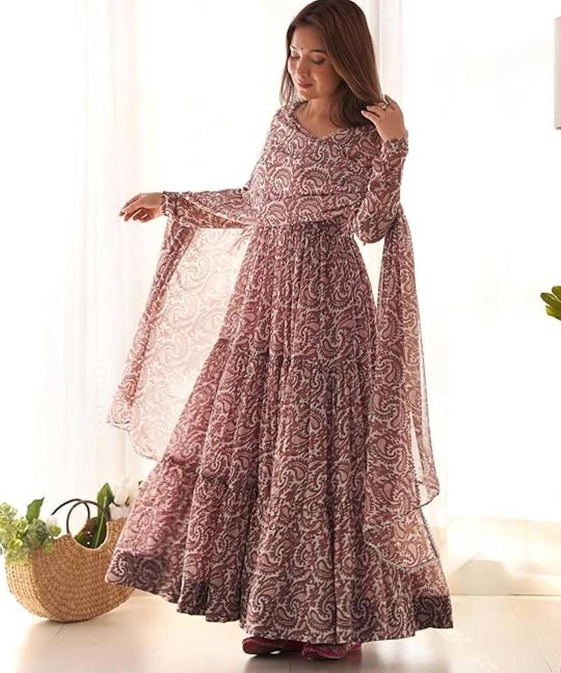 Multi pink color faux georgette printed anarkali set full stitched.