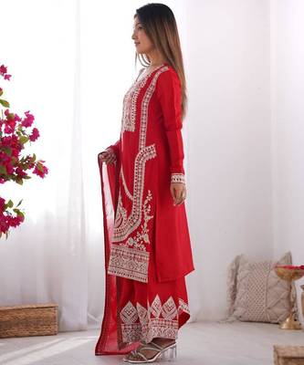 Red vichitra silk dori sequeince embroidered anarkali set full stitched 5