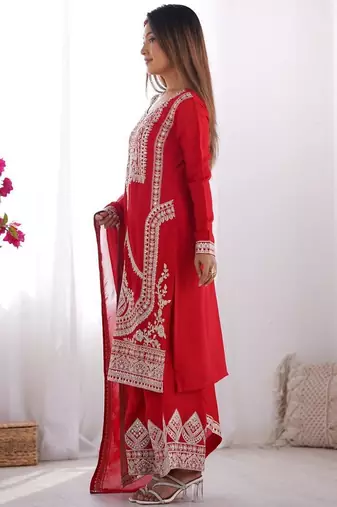Red color vichitra silk dori sequeince embroidered anarkali set full stitched.