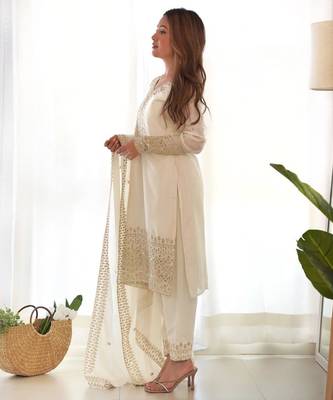 White chinnon silk zari sequeince embroidered anarkali set full stitched 4