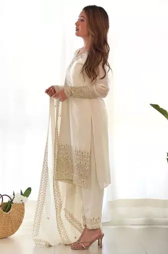 White color chinnon silk zari sequeince embroidered anarkali set full stitched.