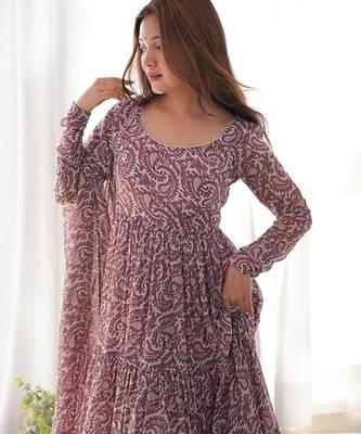 Multi pink faux georgette printed anarkali set full stitched 2