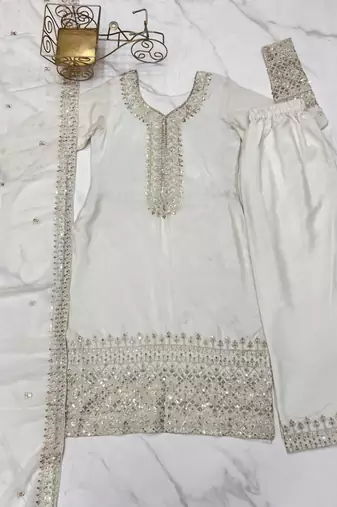 White color chinnon silk zari sequeince embroidered anarkali set full stitched.
