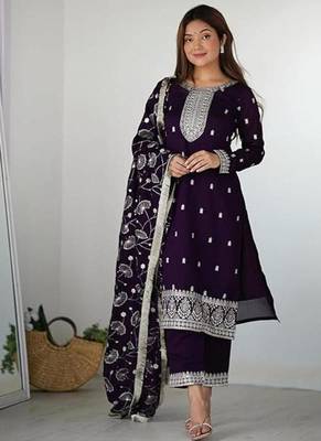 Purple rangoli silk zari sequince embroidered work anarkali set full stitched 1